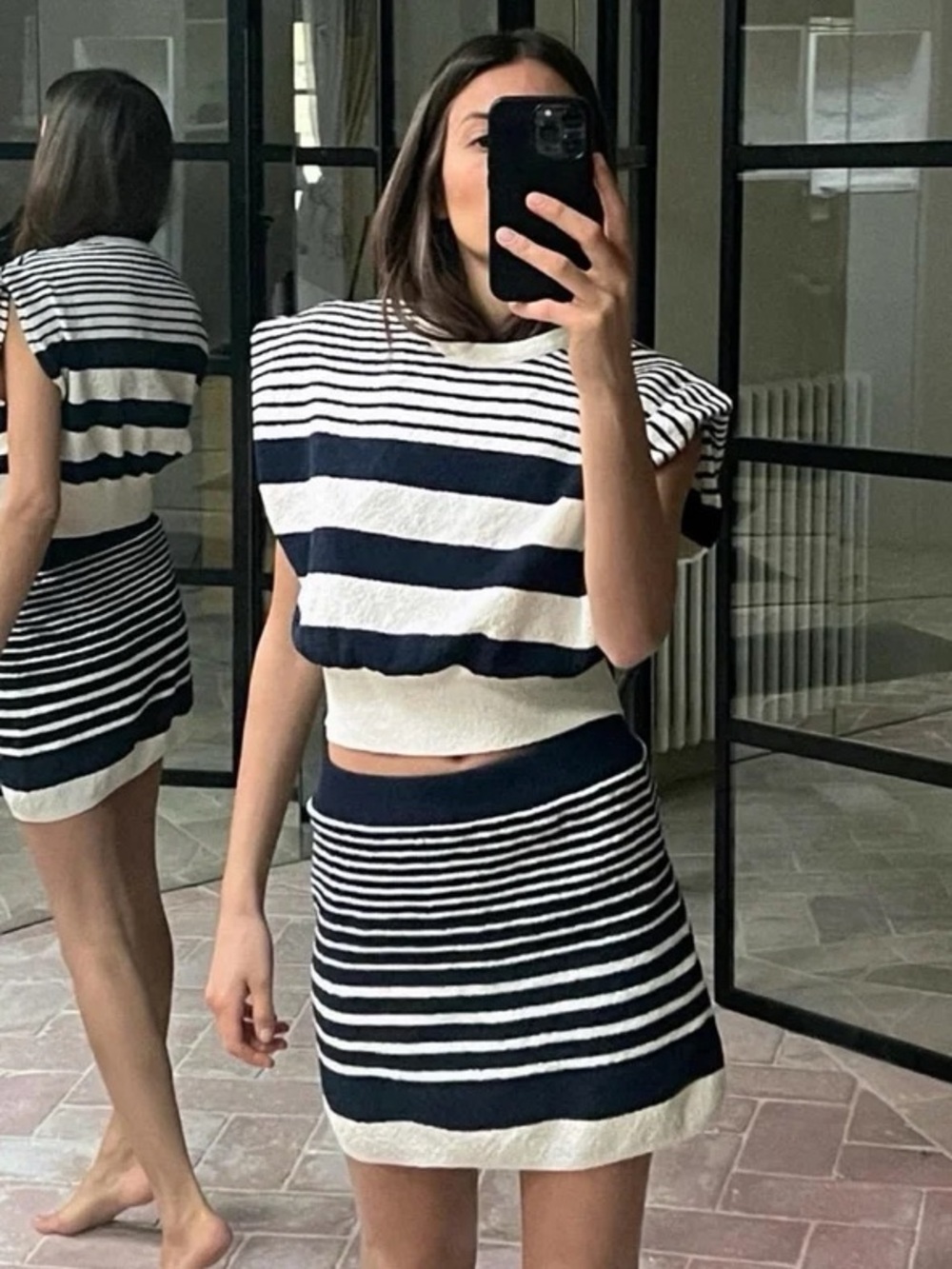 NWT Zara striped navy/white knit mini skirt. Size Large